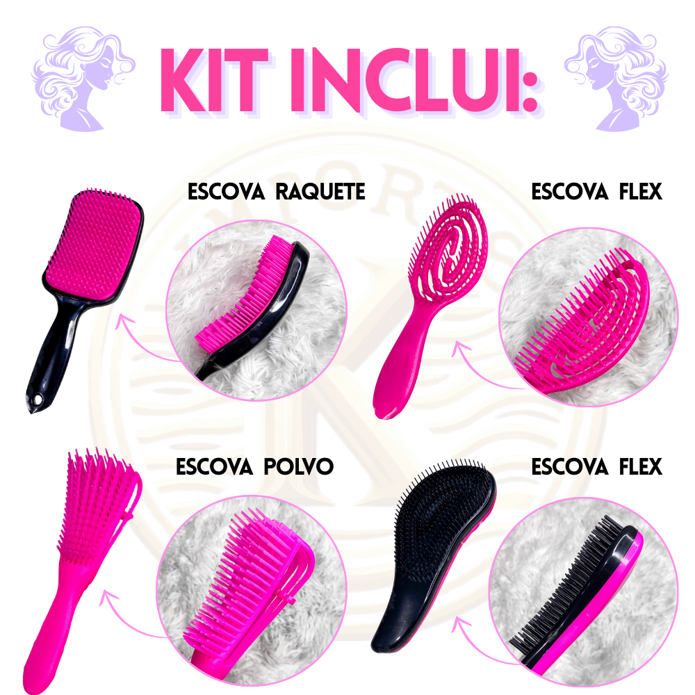Kit 5 Escovas de Cabelo + Touca de Cetim – Raquete Fashion, Mágica, Polvo, Massageadora de Silicone