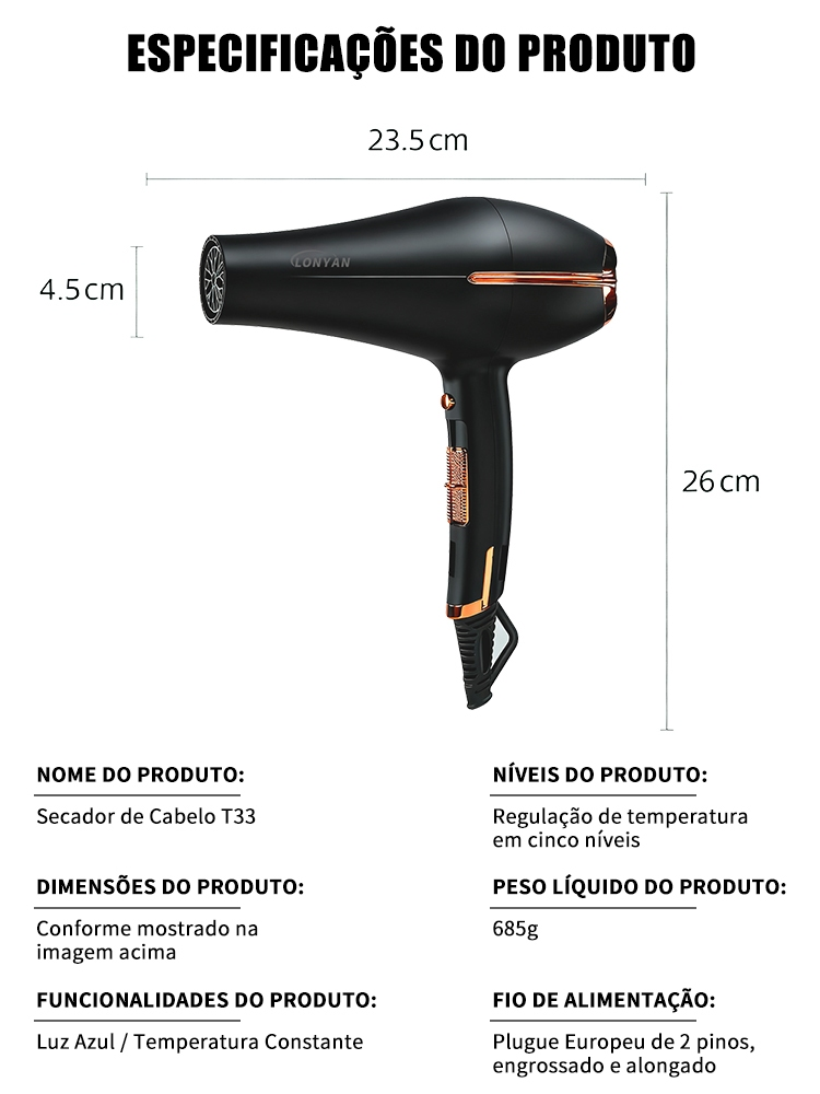 Secador de Cabelo Profissional 220V 127V 110V 5 Níveis Ar quente e frio Turbo Alta Potência Rápido Secage Íons Negativo