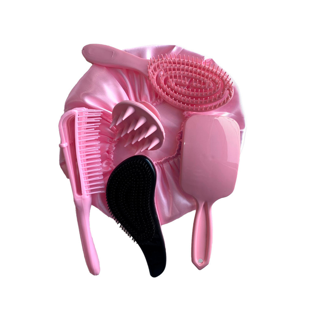 Kit 5 Escovas de Cabelo + Touca de Cetim – Raquete Fashion, Mágica, Polvo, Massageadora de Silicone