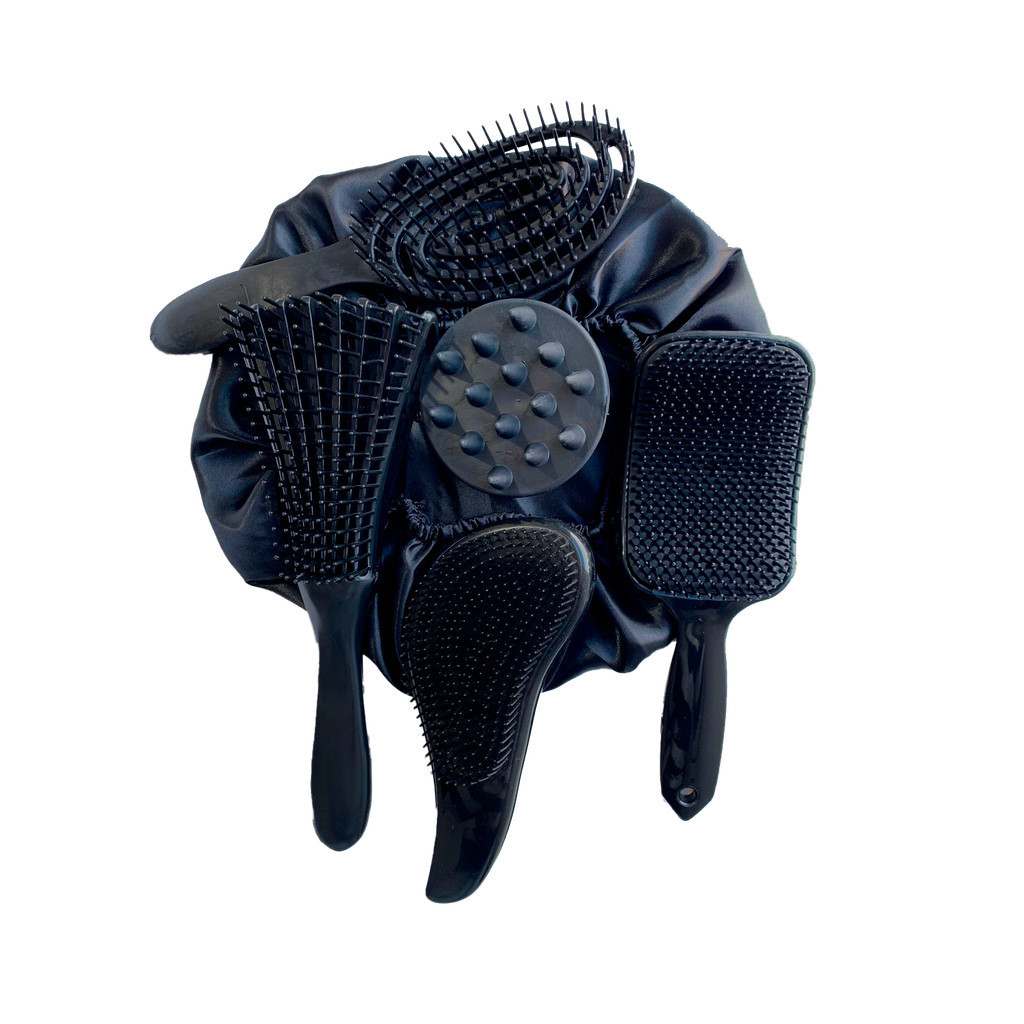 Kit 5 Escovas de Cabelo + Touca de Cetim – Raquete Fashion, Mágica, Polvo, Massageadora de Silicone