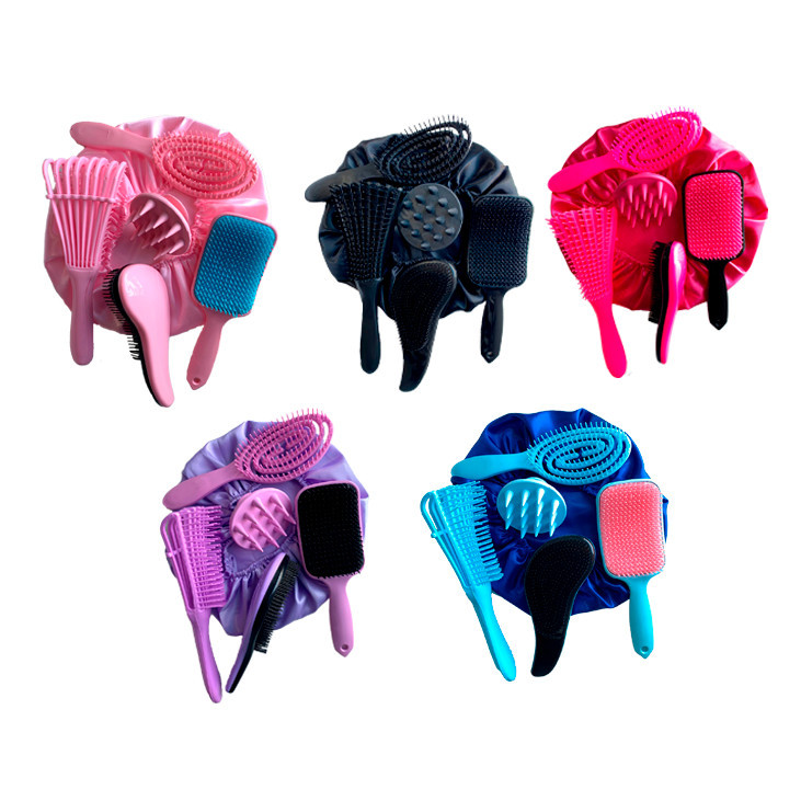 Kit 5 Escovas de Cabelo + Touca de Cetim – Raquete Fashion, Mágica, Polvo, Massageadora de Silicone