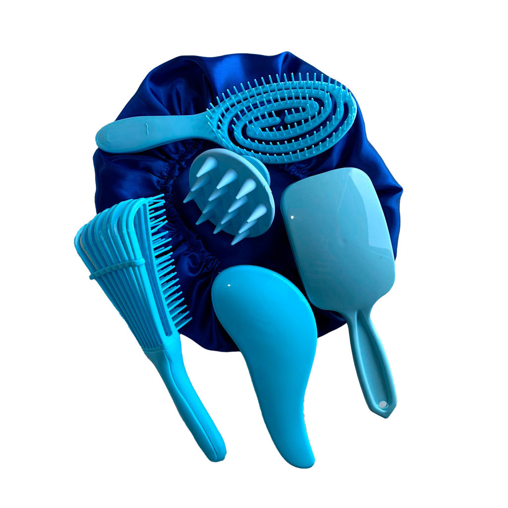 Kit 5 Escovas de Cabelo + Touca de Cetim – Raquete Fashion, Mágica, Polvo, Massageadora de Silicone